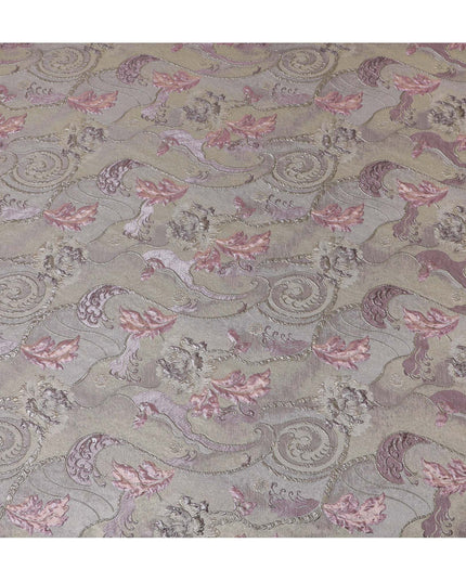 Pastel Gold and Rose Synthetic Brocade Fabric with Floral Swirl Design - 140 cm Width-D19804