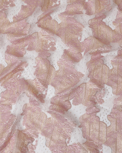 Blush Pink and Gold Synthetic Brocade Fabric with Textured Design - 140 cm Width-D19805