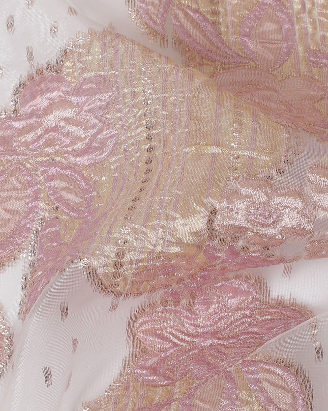 Blush Pink and Gold Synthetic Brocade Fabric with Textured Design - 140 cm Width-D19805