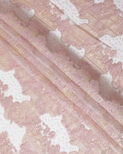 Blush Pink and Gold Synthetic Brocade Fabric with Textured Design - 140 cm Width-D19805