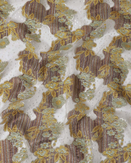 Ivory, Gold, and Olive Synthetic Brocade Fabric with Textured Floral Design - 140 cm Width-D19806