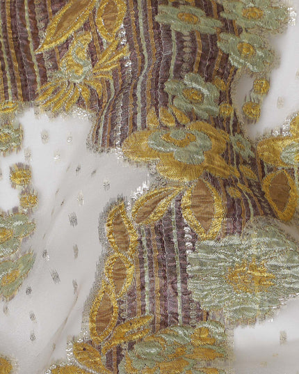 Ivory, Gold, and Olive Synthetic Brocade Fabric with Textured Floral Design - 140 cm Width-D19806