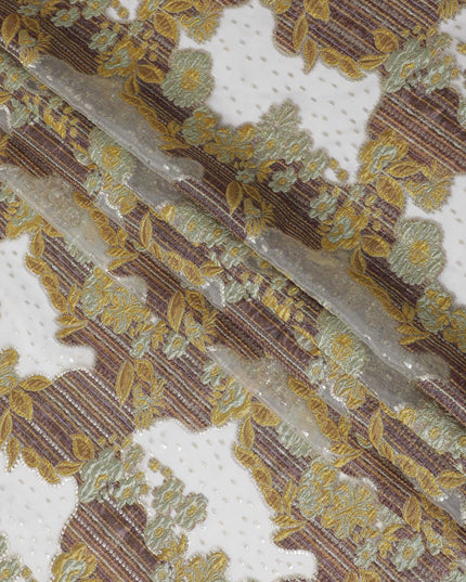 Ivory, Gold, and Olive Synthetic Brocade Fabric with Textured Floral Design - 140 cm Width-D19806