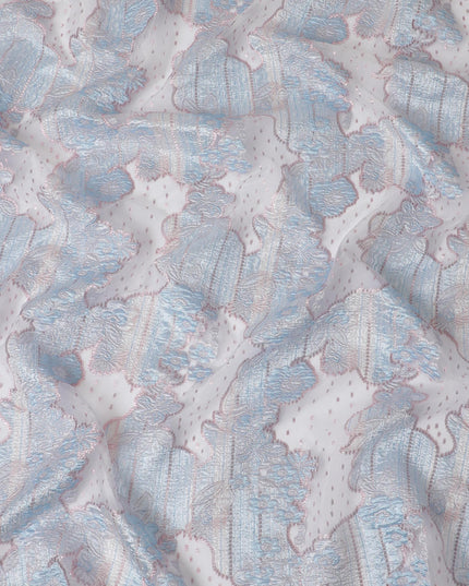 Sky Blue and Silver Synthetic Brocade Fabric with Textured Design - 140 cm Width-D19807