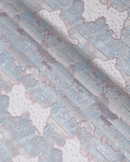 Sky Blue and Silver Synthetic Brocade Fabric with Textured Design - 140 cm Width-D19807