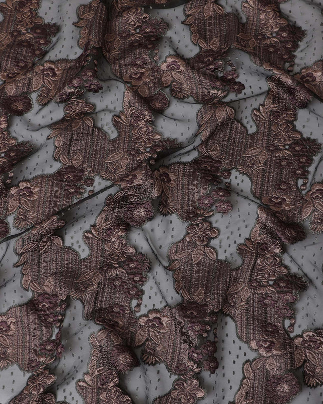 Charcoal and Burgundy Synthetic Brocade Fabric with Textured Design - 140 cm Width-D19808