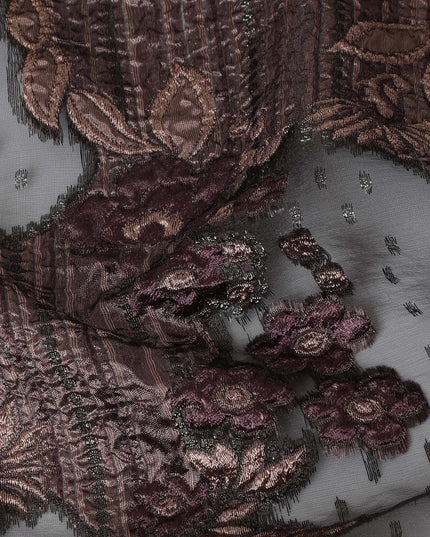 Charcoal and Burgundy Synthetic Brocade Fabric with Textured Design - 140 cm Width-D19808