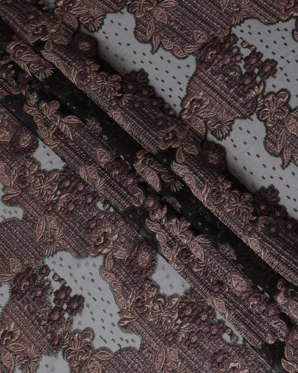 Charcoal and Burgundy Synthetic Brocade Fabric with Textured Design - 140 cm Width-D19808