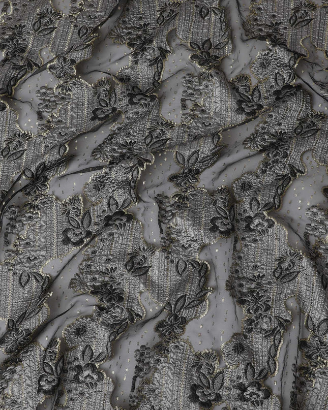 Black and Silver Synthetic Brocade Fabric with Textured Floral Design - 140 cm Width-D19809