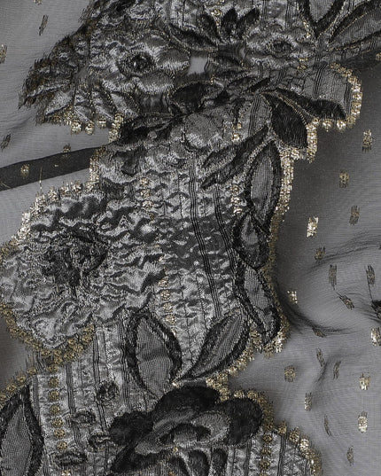 Black and Silver Synthetic Brocade Fabric with Textured Floral Design - 140 cm Width-D19809