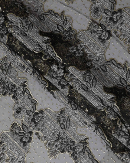 Black and Silver Synthetic Brocade Fabric with Textured Floral Design - 140 cm Width-D19809