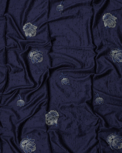 Navy Blue Cotton Fabric with Floral Embroidery & Bead Detailing, 140 Cms Width, Made in India – 3 Meters Piece-D23664 - Regal Fabrics