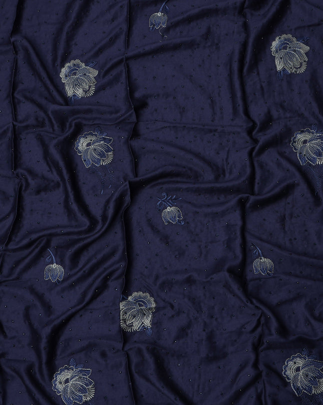 Navy Blue Cotton Fabric with Floral Embroidery & Bead Detailing, 140 Cms Width, Made in India – 3 Meters Piece-D23664 - Regal Fabrics