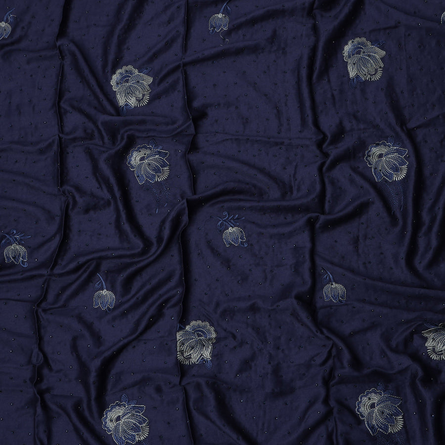 Navy Blue Cotton Fabric with Floral Embroidery & Bead Detailing, 140 Cms Width, Made in India – 3 Meters Piece-D23664 - Regal Fabrics