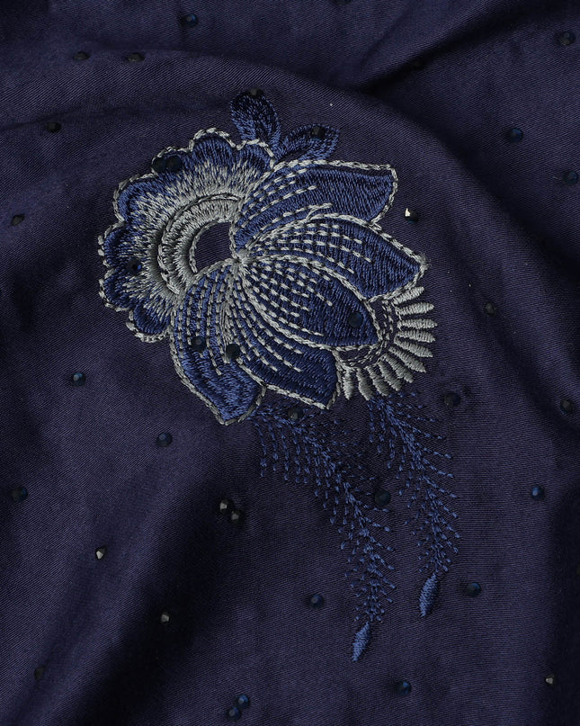 Navy Blue Cotton Fabric with Floral Embroidery & Bead Detailing, 140 Cms Width, Made in India – 3 Meters Piece-D23664 - Regal Fabrics