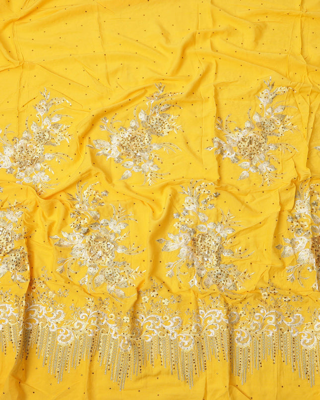 Yellow Cotton Fabric with Sequin Floral Embroidery & Beaded Border Design, 140 Cms Width, Made in India – 3 Meters Piece-D23665 - Regal Fabrics