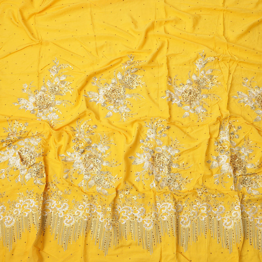 Yellow Cotton Fabric with Sequin Floral Embroidery & Beaded Border Design, 140 Cms Width, Made in India – 3 Meters Piece-D23665 - Regal Fabrics