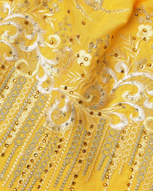 Yellow Cotton Fabric with Sequin Floral Embroidery & Beaded Border Design, 140 Cms Width, Made in India – 3 Meters Piece-D23665 - Regal Fabrics