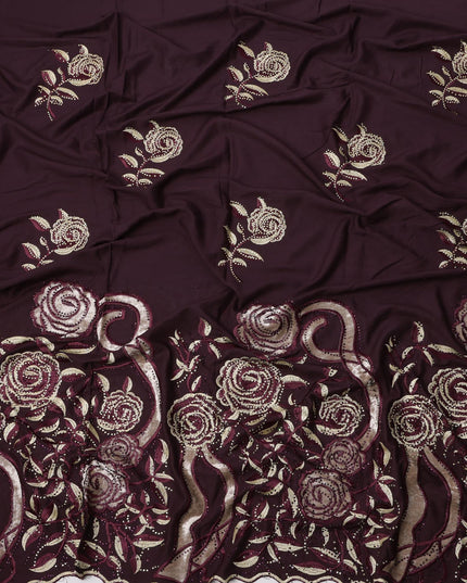 Deep Maroon Cotton Fabric with Rose Motif Embroidery in Beige and Wine Tones and Ornamental Floral Border, 140 Cms Width, Made in India – 3 Meters Piece-D23666 - Regal Fabrics