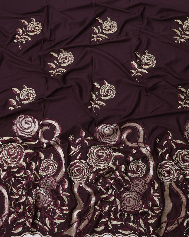 Deep Maroon Cotton Fabric with Rose Motif Embroidery in Beige and Wine Tones and Ornamental Floral Border, 140 Cms Width, Made in India – 3 Meters Piece-D23666 - Regal Fabrics