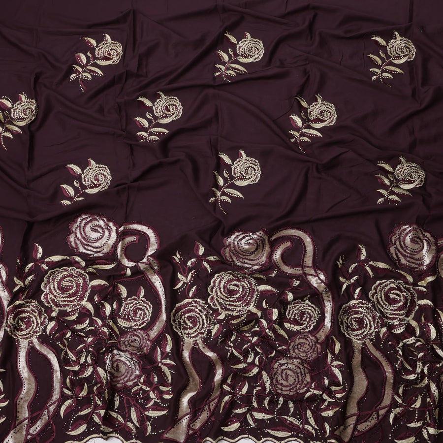Deep Maroon Cotton Fabric with Rose Motif Embroidery in Beige and Wine Tones and Ornamental Floral Border, 140 Cms Width, Made in India – 3 Meters Piece-D23666 - Regal Fabrics