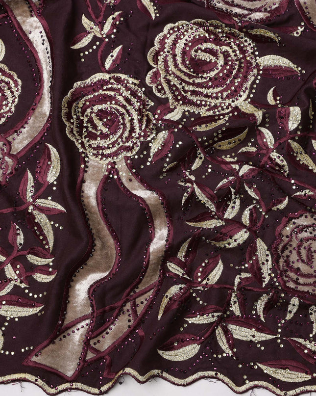 Deep Maroon Cotton Fabric with Rose Motif Embroidery in Beige and Wine Tones and Ornamental Floral Border, 140 Cms Width, Made in India – 3 Meters Piece-D23666 - Regal Fabrics