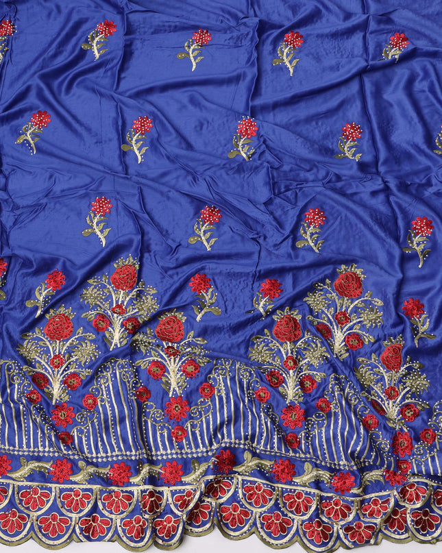 Royal Blue Cotton Fabric with Red Floral Embroidery and Heavy Designer Border, 140 Cms Width, 3 Meters Piece, Made in India-D23667 - Regal Fabrics
