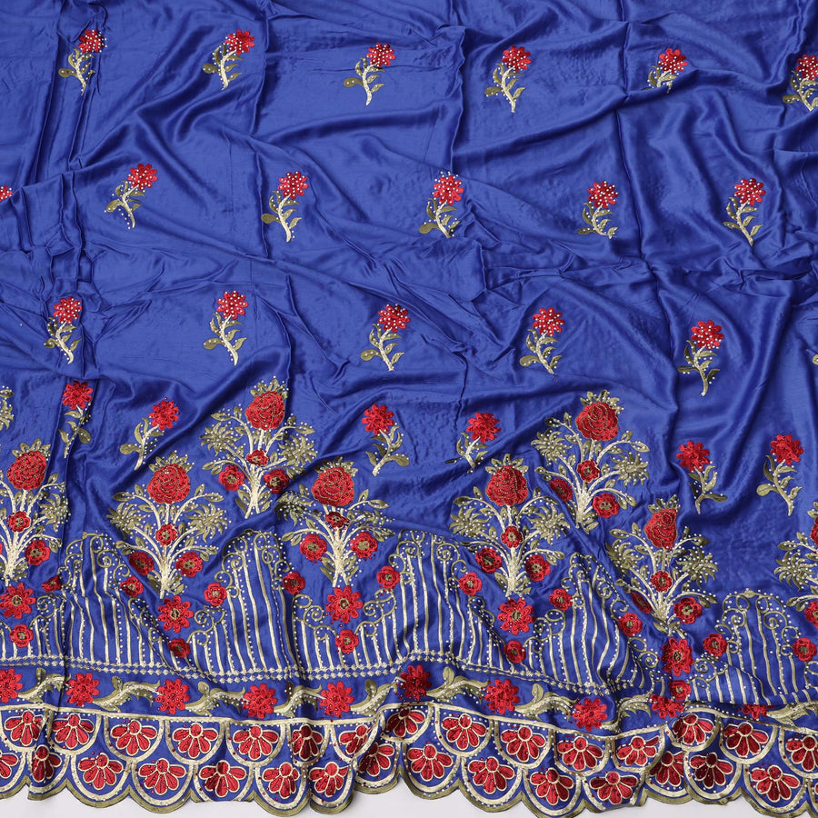 Royal Blue Cotton Fabric with Red Floral Embroidery and Heavy Designer Border, 140 Cms Width, 3 Meters Piece, Made in India-D23667 - Regal Fabrics