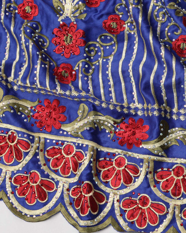 Royal Blue Cotton Fabric with Red Floral Embroidery and Heavy Designer Border, 140 Cms Width, 3 Meters Piece, Made in India-D23667 - Regal Fabrics