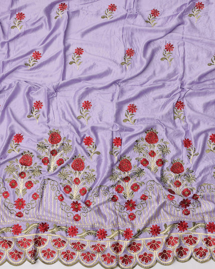 Lavender Cotton Floral Embroidered Fabric with Heavy Multicolor Border Work, 140 Cms Width, 3 Meters Piece, Made in India-D23668