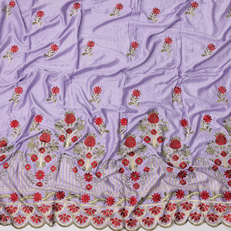 Lavender Cotton Floral Embroidered Fabric with Heavy Multicolor Border Work, 140 Cms Width, 3 Meters Piece, Made in India-D23668