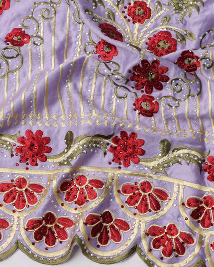 Lavender Cotton Floral Embroidered Fabric with Heavy Multicolor Border Work, 140 Cms Width, 3 Meters Piece, Made in India-D23668