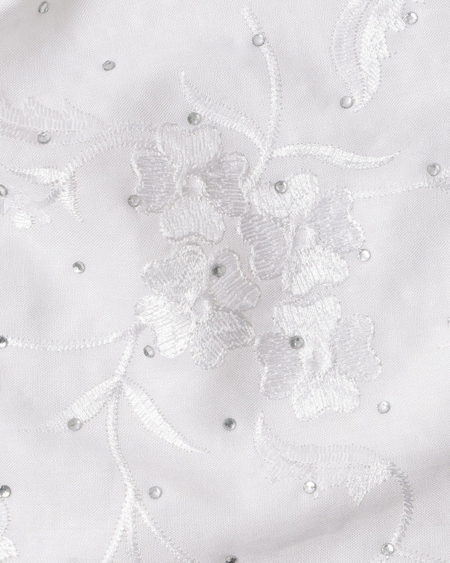 White Cotton Fabric with Tone-on-Tone Floral Embroidery & Sequin Detailing, 140 Cms Width, 3 Meters Piece, Made in India-D23669 - Regal Fabrics