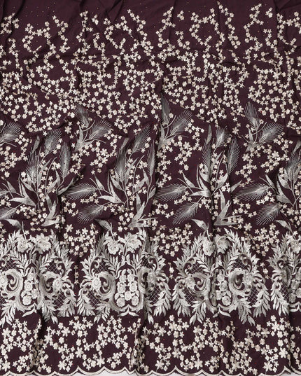 Dark Wine Cotton Fabric with White Floral Heavy Embroidery & Ornamental Border, 140 Cms Width, 3 Meters Piece, Made in India-D23670 - Regal Fabrics