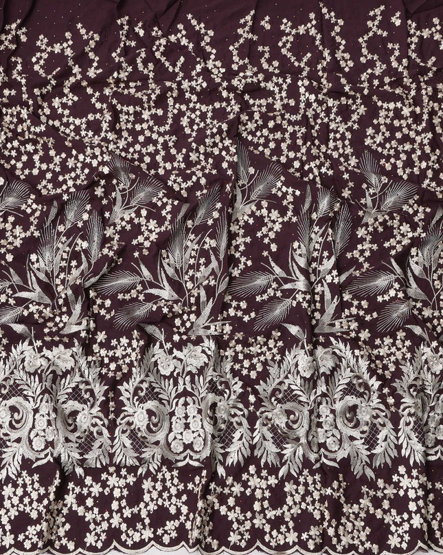 Dark Wine Cotton Fabric with White Floral Heavy Embroidery & Ornamental Border, 140 Cms Width, 3 Meters Piece, Made in India-D23670 - Regal Fabrics