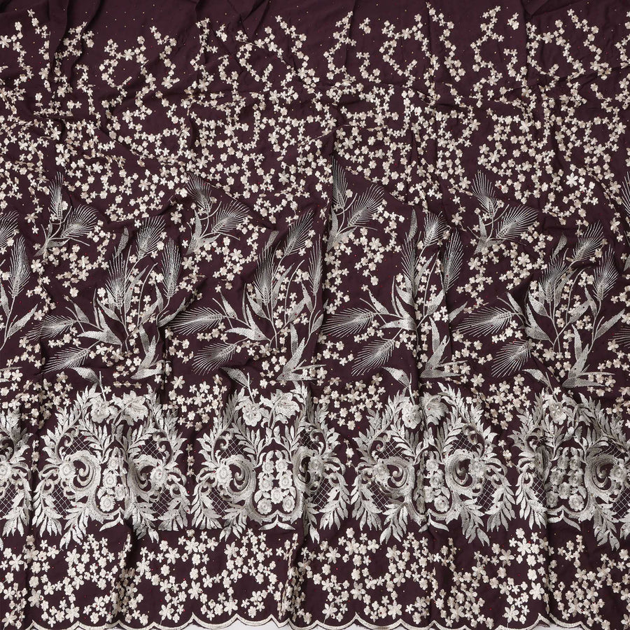Dark Wine Cotton Fabric with White Floral Heavy Embroidery & Ornamental Border, 140 Cms Width, 3 Meters Piece, Made in India-D23670 - Regal Fabrics