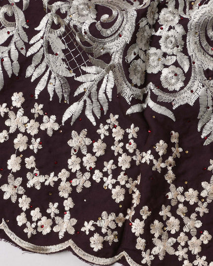 Dark Wine Cotton Fabric with White Floral Heavy Embroidery & Ornamental Border, 140 Cms Width, 3 Meters Piece, Made in India-D23670 - Regal Fabrics