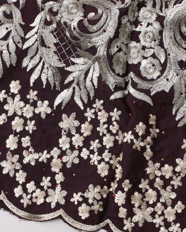 Dark Wine Cotton Fabric with White Floral Heavy Embroidery & Ornamental Border, 140 Cms Width, 3 Meters Piece, Made in India-D23670 - Regal Fabrics