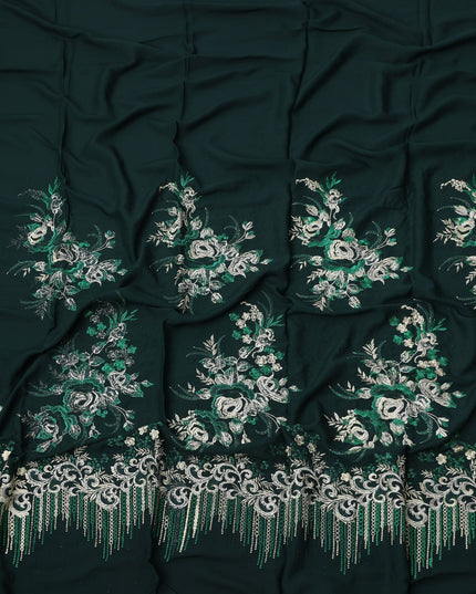 Dark Green Cotton Fabric with Floral Thread & Sequin Embroidery Design, 140 Cms Width, 3 Meters Piece, Made in India-D23672