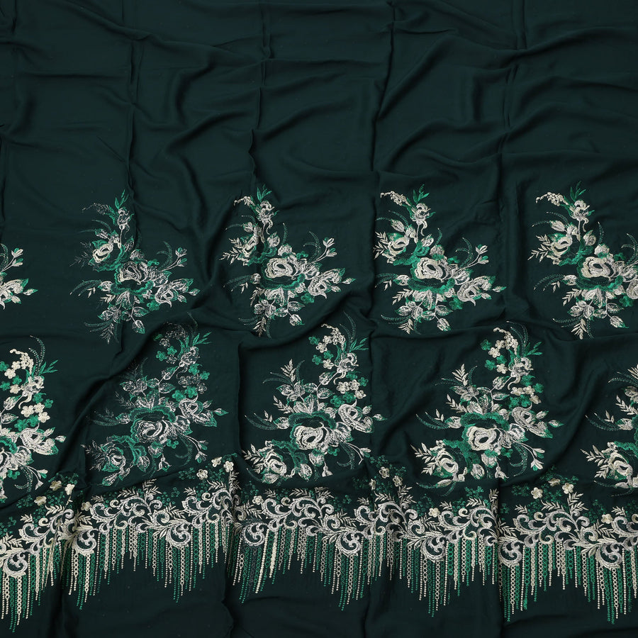 Dark Green Cotton Fabric with Floral Thread & Sequin Embroidery Design, 140 Cms Width, 3 Meters Piece, Made in India-D23672