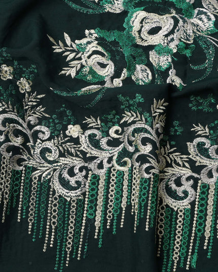 Dark Green Cotton Fabric with Floral Thread & Sequin Embroidery Design, 140 Cms Width, 3 Meters Piece, Made in India-D23672