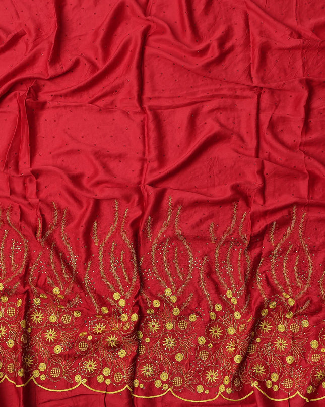 Red Cotton Fabric with Flame Motif Golden Thread & Sequin Embroidery, 140 Cms Width, 3 Meters Piece, Made in India-D23673 - Regal Fabrics