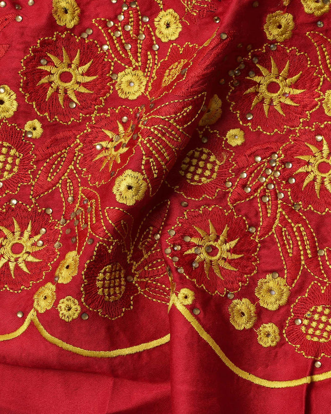 Red Cotton Fabric with Flame Motif Golden Thread & Sequin Embroidery, 140 Cms Width, 3 Meters Piece, Made in India-D23673 - Regal Fabrics