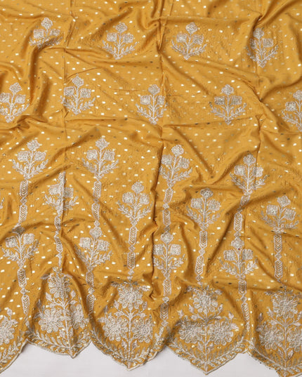 Golden Yellow Cotton Fabric with Silver Foil Work, White Floral Embroidery and Ornate Scalloped Border, 140 Cms Width, Made in India – 3 Meters Piece-D23674 - Regal Fabrics