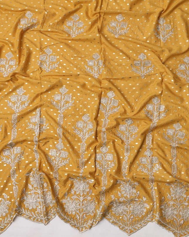 Golden Yellow Cotton Fabric with Silver Foil Work, White Floral Embroidery and Ornate Scalloped Border, 140 Cms Width, Made in India – 3 Meters Piece-D23674 - Regal Fabrics