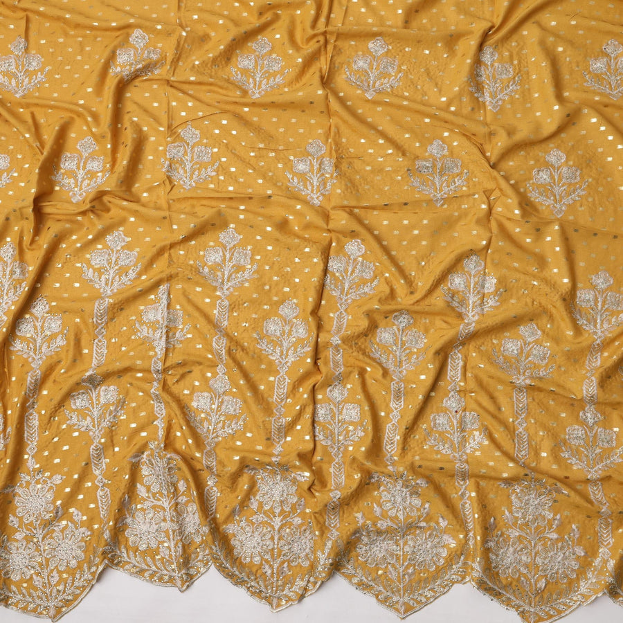 Golden Yellow Cotton Fabric with Silver Foil Work, White Floral Embroidery and Ornate Scalloped Border, 140 Cms Width, Made in India – 3 Meters Piece-D23674 - Regal Fabrics