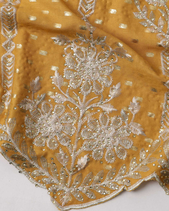 Golden Yellow Cotton Fabric with Silver Foil Work, White Floral Embroidery and Ornate Scalloped Border, 140 Cms Width, Made in India – 3 Meters Piece-D23674 - Regal Fabrics