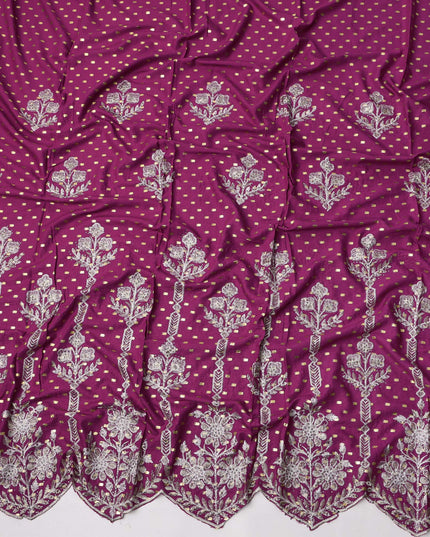 Magenta Cotton Fabric with Silver Foil Buti, White Floral Embroidery and Ornate Scalloped Border, 140 Cms Width, Made in India – 3 Meters Piece-D23675 - Regal Fabrics