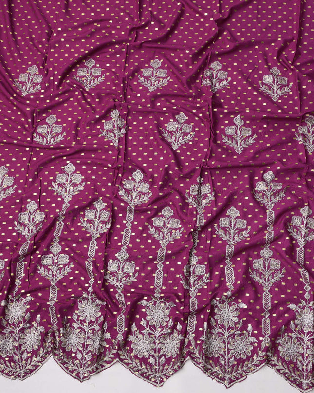 Magenta Cotton Fabric with Silver Foil Buti, White Floral Embroidery and Ornate Scalloped Border, 140 Cms Width, Made in India – 3 Meters Piece-D23675 - Regal Fabrics