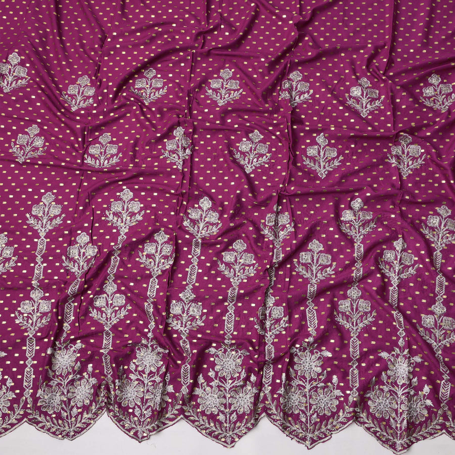 Magenta Cotton Fabric with Silver Foil Buti, White Floral Embroidery and Ornate Scalloped Border, 140 Cms Width, Made in India – 3 Meters Piece-D23675 - Regal Fabrics